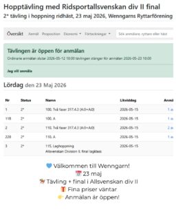 Kom och tävla hos oss!! Välkommen till Wenngarn den 23/5! Anmäl dig i TDB. 

#wenngarnsryttarforening