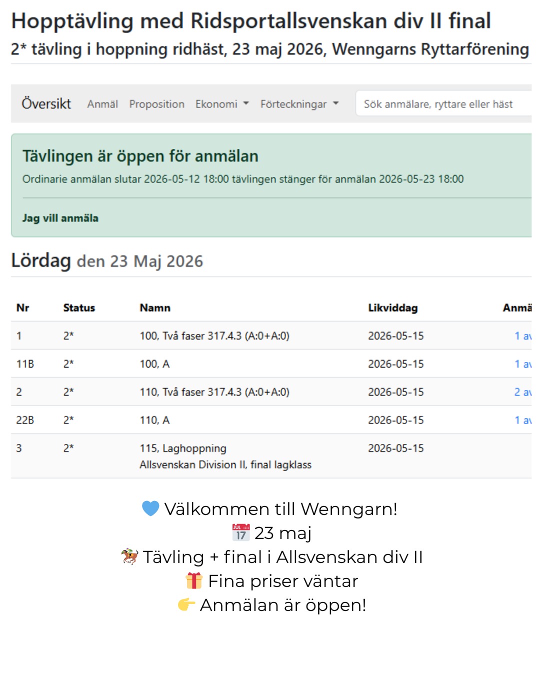 Kom och tävla hos oss!! Välkommen till Wenngarn den 23/5! Anmäl dig i TDB. 

#wenngarnsryttarforening